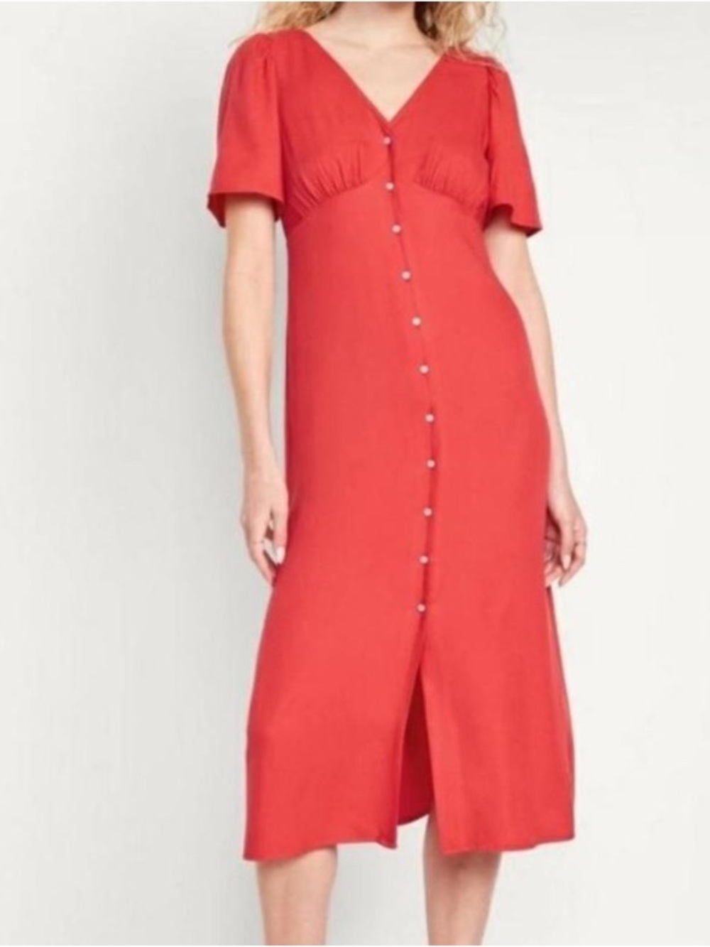 Old Navy Waist Defined Midi Dress Womens Large Red Sleeved Flowy Casual
